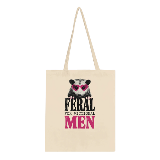 Natural canvas Feral for Fictional Men tote bag with opossum graphic